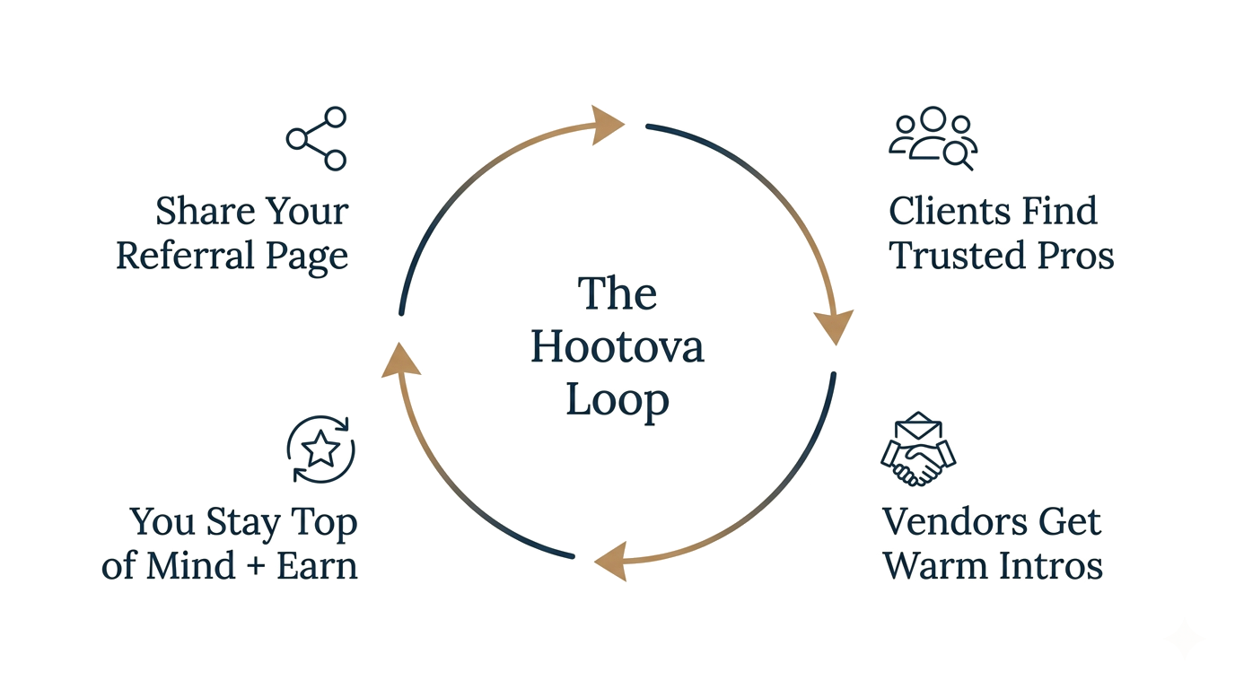 The Hootova Loop: Share your referral page, clients find trusted pros, vendors get warm intros, you stay top of mind and earn